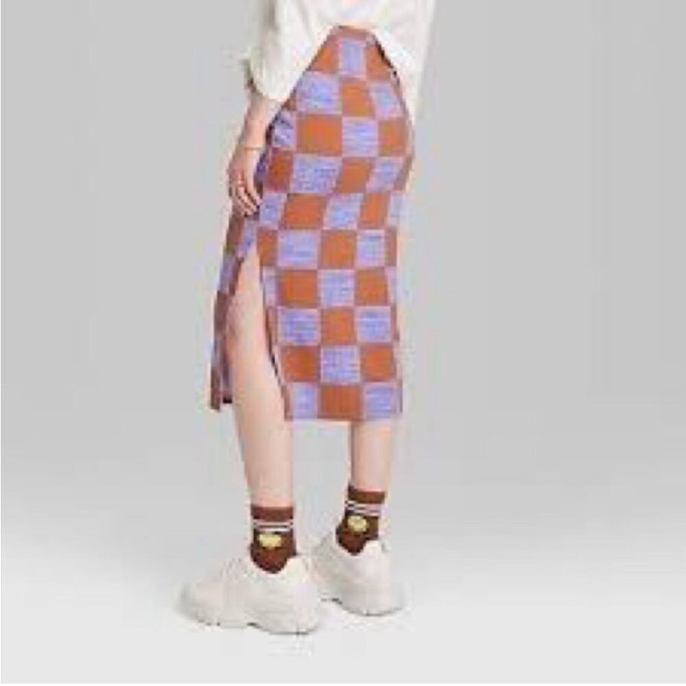 Ascot and Hart Purple and brown checkered Midi Pencil Skirt with Slit 3X - Picture 2 of 6